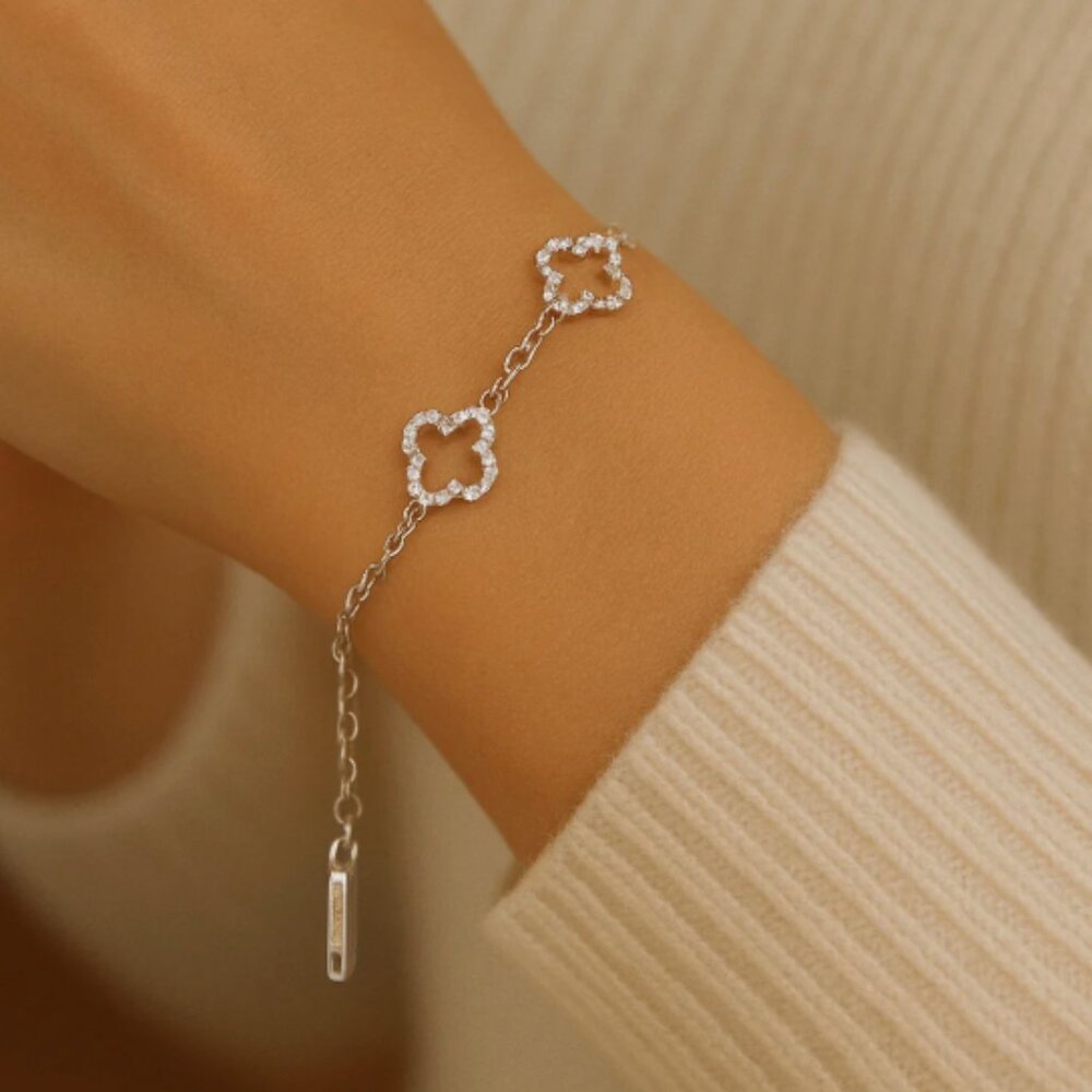 Silver Tone Clover Link Adjustable Bracelet with Pavé Rhinestone Accents New NWT
